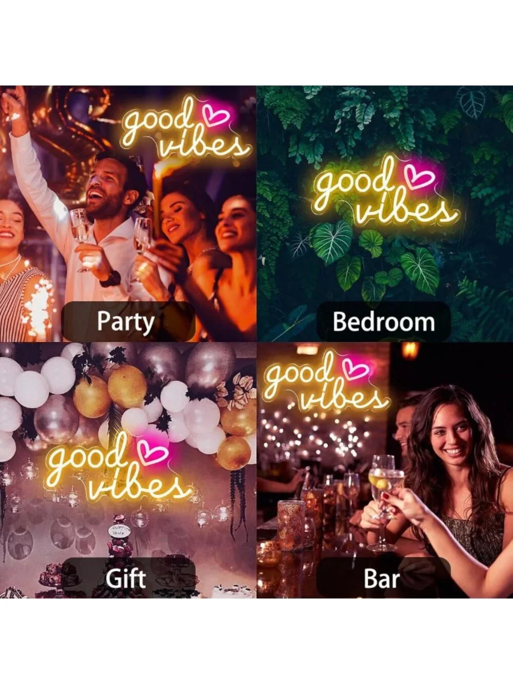 Good Vibes Neon Wall Sign - 16x8in USB LED Light for Bedroom, Party, Home Decor